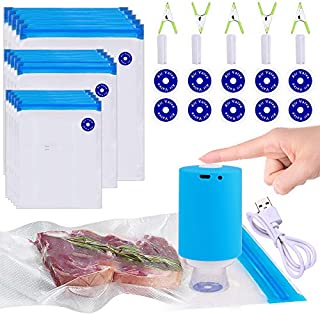 Sous Vide Bags, 42 PCS Electric Vacuum Sealer & Reusable Vacuum Food Storage Bags for Anova, Joule Cookers -30 PCS Reusable Vacuum Sealer Bags,5 Clips & 5 Sealing Clips,Rechargeable Vacuum Sealer Set