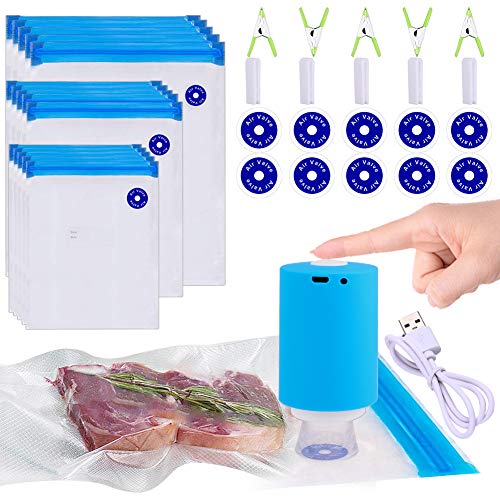 Sous Vide Bags, 42 PCS Electric Vacuum Sealer & Reusable Vacuum Food Storage Bags for Anova, Joule Cookers -30 PCS Reusable Vacuum Sealer Bags,5 Clips & 5 Sealing Clips,Rechargeable Vacuum Sealer Set