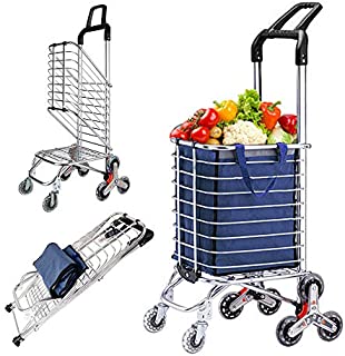 Upgraded Folding Shopping Cart Portable Grocery Stair Climbing Cart with Tri-Wheels, Swivel Handle, Wheel Bearings & Removable Basket, Perfect for Mom Christmas Gifts