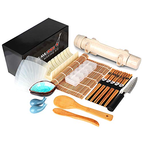 Delamu Sushi Making Kit, 20 in 1 Sushi Bazooka Roller Kit with Chefs Knife, Bamboo Mats, Bazooka Roller, Rice Mold, Temaki Sushi Mats, Rice Paddle, Rice Spreader, Chopsticks, Sauce Dishes, Guide Book