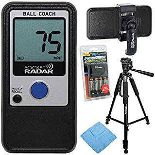 Pocket Radar Ball Coach/Pro-Level Speed Training Tool and Radar Gun with 57-Inch Tripod, Pocket-Sized Spring Tripod Mount, Battery Charger Pack and Cleaning Cloth Bundle (5 Items)