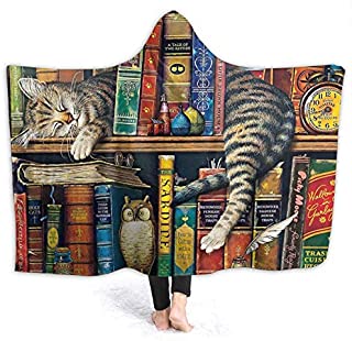 AUISS Wearable Blanket Cat Sleeping On Bookshelf Hoodie Throw Wrap Cape Cloak Spa Toddlers Thick Blankets Couch Bed Shawl Flannel with Sleeves