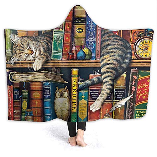 AUISS Wearable Blanket Cat Sleeping On Bookshelf Hoodie Throw Wrap Cape Cloak Spa Toddlers Thick Blankets Couch Bed Shawl Flannel with Sleeves