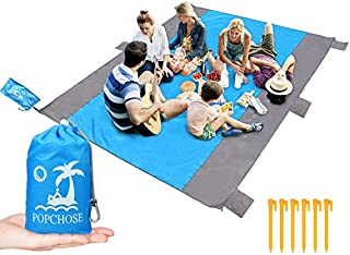 POPCHOSE Sandfree Beach Blanket, Large Beach Mat 108 x 85.2 inches for 4-7 Adults, Pocket Outdoor Blanket with 6 Stakes Portable Family Picnic Camping Mat for Travel, Camping, Hiking