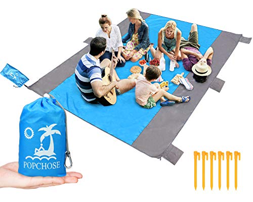 POPCHOSE Sandfree Beach Blanket, Large Beach Mat 108 x 85.2 inches for 4-7 Adults, Pocket Outdoor Blanket with 6 Stakes Portable Family Picnic Camping Mat for Travel, Camping, Hiking