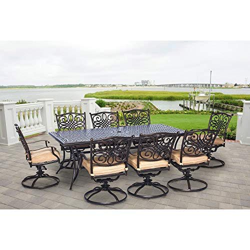 Hanover Traditions 9-Piece Cast Aluminum Outdoor Patio Dining Set, 8 Swivel Rocker Chairs and 42