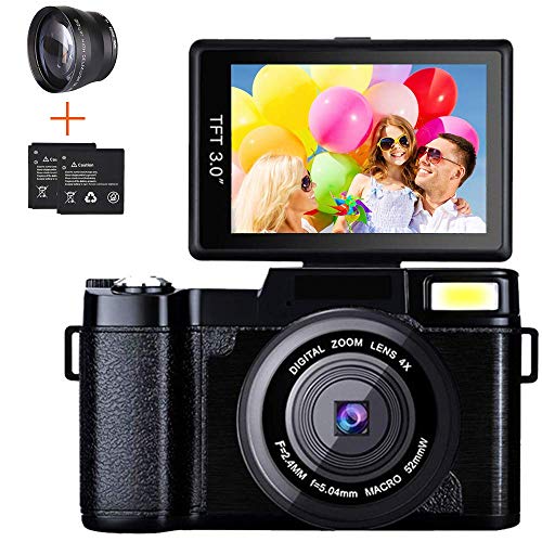 Digital Camera Camcorder, Weton Full HD 1080P 24.0MP Video Camera 3.0 Inch Flip Screen Vlogging Camera Camcorder with Retractable Flashlight for YouTube (Two Batteries Included)