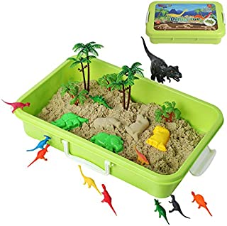 Dinosaur Play Sand Kit - 2 Bags of Sand and 34 Pieces - Feels Like Wet Sand Without The Mess - Comes with Bin, Lid, Dinosaur Figures, Dino Molds, Trees, Fences - Safe, Sensory Experience for Kids