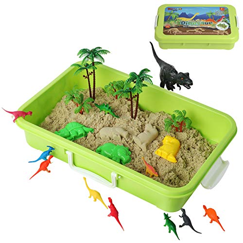 Dinosaur Play Sand Kit - 2 Bags of Sand and 34 Pieces - Feels Like Wet Sand Without The Mess - Comes with Bin, Lid, Dinosaur Figures, Dino Molds, Trees, Fences - Safe, Sensory Experience for Kids