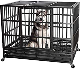 ITORI 42'' Heavy Duty Metal Dog Cage Kennel Crate and Playpen for Training Large Dog Indoor Outdoor with Double Doors & Locks Design Included Lockable Wheels Removable Tray42in 48in (42 in, Black)