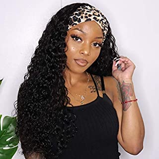 VIVIBABI Glueless Water Wave Headband Wig Curly Human Hair Wigs for Black Women Deep Water Wave Non Lace Front Wigs Natural Color Machine Made Wigs 180% Density 20 Inch