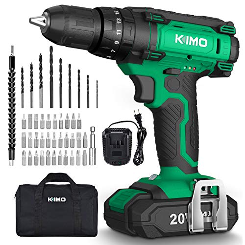 Cordless Drill Driver Kit - 20V Impact Drill Set w/2.0Ah Li-Ion Battery & Charger, 350 In-lb Torque, 0-1350RMP Variable Speed, 3/8'' Keyless Chuck, 21+1+1 Clutch, Drilling Wall Brick Wood Metal, KIMO