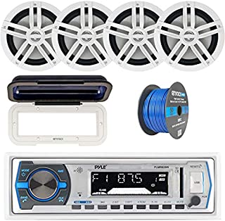 Pyle Single DIN Marine Boat USB/SD Bluetooth Stereo Receiver w/Waterproof Cover Bundle Combo with 4 x Enrock 6.5