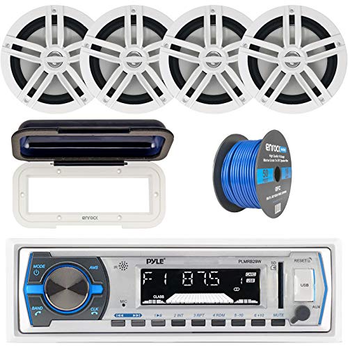 Pyle Single DIN Marine Boat USB/SD Bluetooth Stereo Receiver w/Waterproof Cover Bundle Combo with 4 x Enrock 6.5