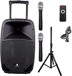 PRORECK FREEDOM 15 Portable 15-Inch 800 Watt 2-Way Rechargeable Powered Dj/PA Speaker System with Bluetooth/USB/SD Card Reader/FM Radio/Remote Control/Wireless Microphones/Speaker Stand