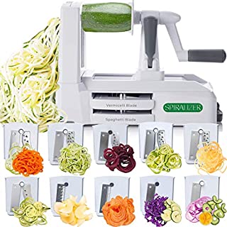 Spiralizer Ultimate 10 Strongest-and-Heaviest Duty Vegetable Slicer Best Veggie Pasta Spaghetti Maker for Keto/Paleo/Gluten-Free, With Extra Blade Caddy & 4 Recipe Ebook Color White