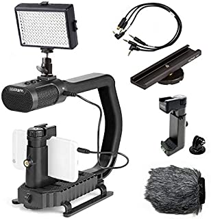 Movo + Sevenoak Micrig U Grip Handle with Built-in Stereo Microphone, LED Light, and Camera Accessories - Stabilizer for Camera, Smartphones, and GoPro Action Cameras