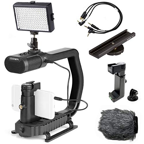 Movo + Sevenoak Micrig U Grip Handle with Built-in Stereo Microphone, LED Light, and Camera Accessories - Stabilizer for Camera, Smartphones, and GoPro Action Cameras