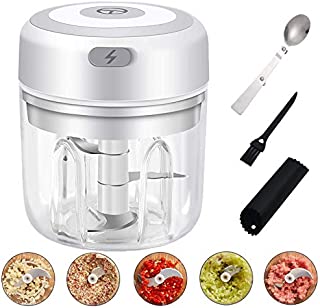 Electric Mini Garlic Chopper, Garlic Press Mincer Pepper Chili Vegetable Nuts Meat GrinderFood Processor Mincer Blender Mixer with 3 Sharp Blades Grinder for Baby Food Salad