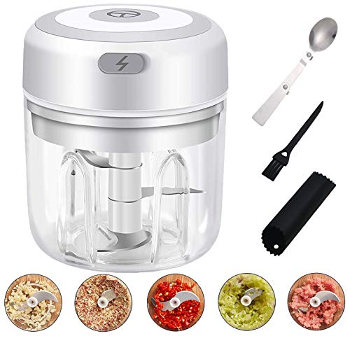 Electric Mini Garlic Chopper, Garlic Press Mincer Pepper Chili Vegetable Nuts Meat GrinderFood Processor Mincer Blender Mixer with 3 Sharp Blades Grinder for Baby Food Salad