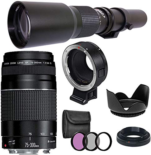 Canon EF 75-300mm III and 500mm f/8.0 Preset Manual Focus Lens Bundle with EF-EOS M Adapter, for Canon EOS M , M50, M6, M5, M100, M10 Cameras