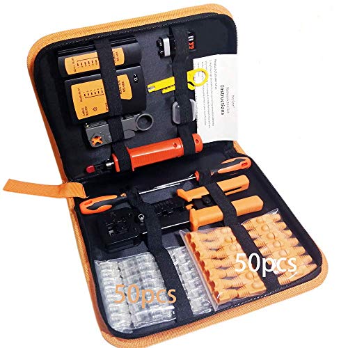 Professional 13 in 1 Network Computer Maintenance Repair Kitethernet crimper kit - RJ45 Crimp Tool, RJ45 Network Cable Tester, 50 Pack Pass Through Connectors,Network Wire StripperPunchdown Tools