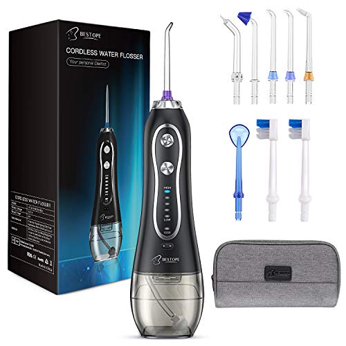 BESTOPE Water Oral Flosser 300ML 5 Modes & 8 Jet Tips - IPX7 Waterproof Cordless Dental Oral Irrigator Portable and Rechargeable Flossing for Braces & Bridges Care, Home and Travel