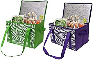 Earthwise Insulated Reusable Grocery Bag Shopping Box with Reinforced Bottom Panel and Zipper Top Lid with Extra Side Handles for Easy Lifting (Set of 2) (Green/Purple)