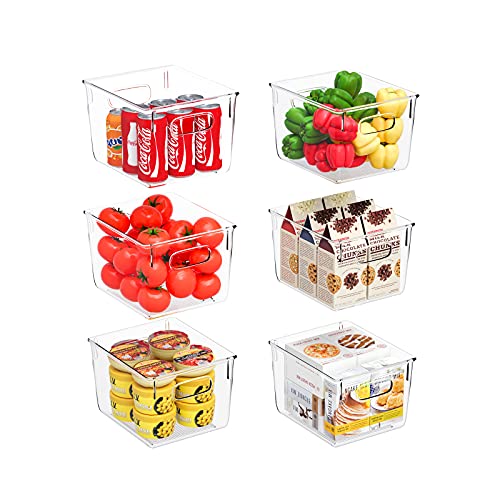 Huolewa Set of 6 Refrigerator Organizer Bins Pantry Storage Bins Clear Plastic Storage Bins with Handle for Fridge, Freezer, Kitchen Countertops, Cabinets - Medium