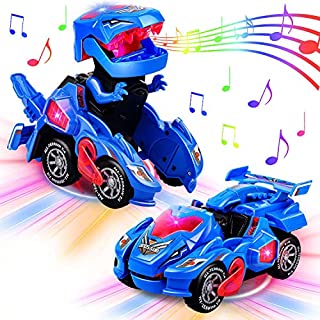 AMENON Transforming Dinosaur Car Toys with LED Light Music Automatic Deformation Dino Race Car Toys for Kids Boy Girls Toddlers 3 Year Old and Up Birthday Holiday Xmas Gift