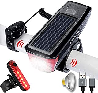 BURNINGSUN Bike Light Set and Horn Solar Powered USB Rechargeable 4 Mode Bicycle Headlight Taillight Combinations Front Back Light & Bell for Cycling Riding Safety Warning Rear Tail Light LED Speaker