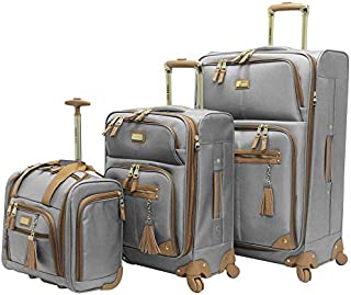 Steve Madden Designer Luggage Collection- 3 Piece Softside Expandable Lightweight Spinner Suitcases- Travel Set includes Under Seat Bag, 20-Inch Carry on & 28-Inch Checked Suitcase (Harlo Gray)