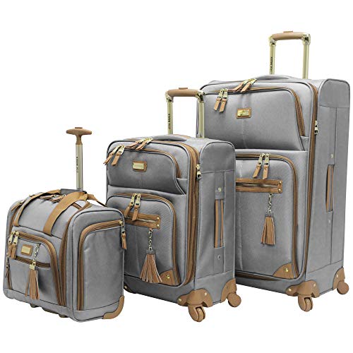 Steve Madden Designer Luggage Collection- 3 Piece Softside Expandable Lightweight Spinner Suitcases- Travel Set includes Under Seat Bag, 20-Inch Carry on & 28-Inch Checked Suitcase (Harlo Gray)