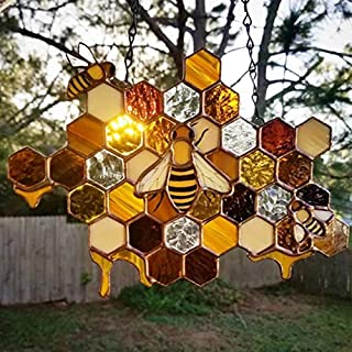 Queen & Bee Protect Honey Suncatcher, Honeycomb Hanging Decor, Honeybee Window Hangings Ornament, Spring Garden Wind Chimes, Outdoor Indoor Wind Spinner Wall Decorations for Home Farmhouse Yard (A)