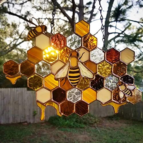 Queen & Bee Protect Honey Suncatcher, Honeycomb Hanging Decor, Honeybee Window Hangings Ornament, Spring Garden Wind Chimes, Outdoor Indoor Wind Spinner Wall Decorations for Home Farmhouse Yard (A)