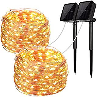 LiyuanQ Solar String Lights, 2 Pack 100 LED Solar Fairy Lights 33 Feet 8 Modes Copper Wire Lights Waterproof Outdoor String Lights for Garden Patio Gate Yard Party Wedding Indoor Bedroom Warm White