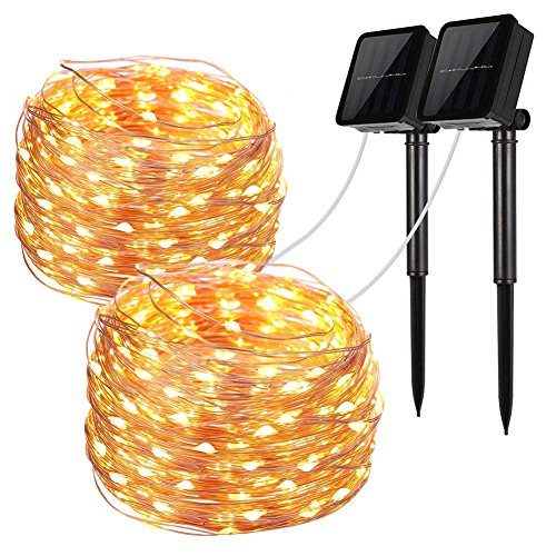 LiyuanQ Solar String Lights, 2 Pack 100 LED Solar Fairy Lights 33 Feet 8 Modes Copper Wire Lights Waterproof Outdoor String Lights for Garden Patio Gate Yard Party Wedding Indoor Bedroom Warm White