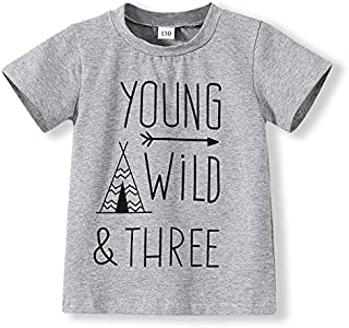 Children Gray Young Wild Three Birthday Brother Twin Letter Print T-Shirts