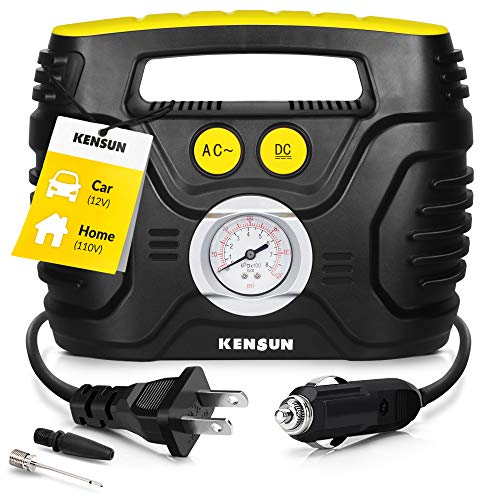 Kensun Portable Air Compressor Pump for Car 12V DC and Home 110V AC Swift Performance Tire Inflator 100 PSI for Car - Bicycle - Motorcycle - Basketball and Others with Analog Pressure Gauge (AC/DC)