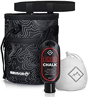 Survivor Chalk Bag + Refillable Chalk Ball + Liquid Chalk - Draw String & 2 Zippered Pockets - Black Chalk Bag for Rock Climbing, Bouldering, Weightlifting w/Hand Chalk Accessories for Extra Grip