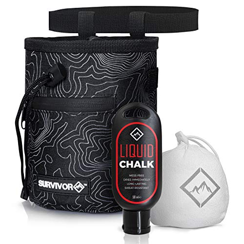 Survivor Chalk Bag + Refillable Chalk Ball + Liquid Chalk - Draw String & 2 Zippered Pockets - Black Chalk Bag for Rock Climbing, Bouldering, Weightlifting w/Hand Chalk Accessories for Extra Grip