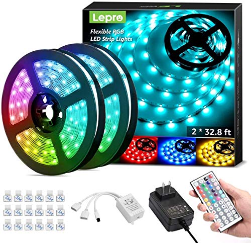 Lepro 65.6ft LED Strip Lights, Ultra-Long RGB 5050 LED Strips with Remote Controller and Fixing Clips, Color Changing Tape Light with 12V ETL Listed Adapter for Bedroom, Room, Kitchen, Bar(32.8FTX 2)