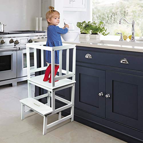 TinyGiant Kids Kitchen Step Stool with Safety Rail - Kitchen Helper Stool for Toddlers - Toddler Safety Cooking Tower - Learning Tower for Toddlers 18 Months and Older - Wooden White Step Stool