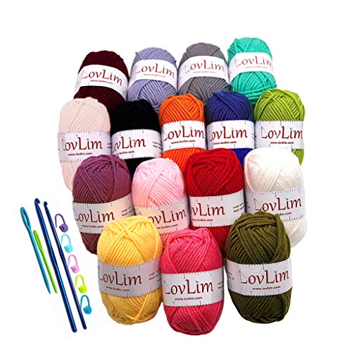 LovLim Crochet Yarn kit, 16 Soft Cotton Yarn Skeins for Crochet and Knitting, Free Crochet/Amigurumi Patterns, 1000+ Yards Craft DK Yarn Perfect Starter Kit