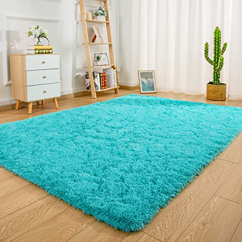 Ucomn Super Soft Indoor Modern Shag Area Rug Bedroom Silky Smooth Rugs Fluffy Anti-Skid Shaggy Area Rug Dining Living Room Kids Carpet (5' x 8', Blue)