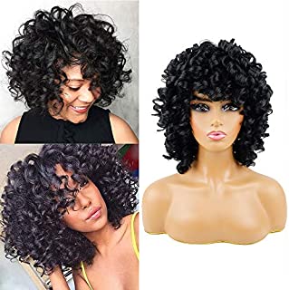 Short Curly Hair Wigs for Black Women Andromeda Soft Fluffy Curls Synthetic Hair Wigs Natural Black Loose Curly African American Costume Cosplay Cheap Half Wigs + 1 Free Wig CapBlack