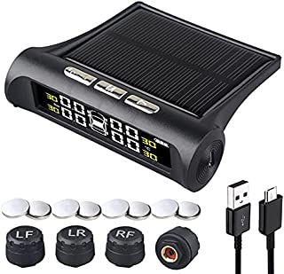 Tire Pressure Monitoring Systems TPMS 6 Alarm Modes Wireless Solar Power and USB Charge with 4 External Sensors Real Time Pressure and Temperature Alarm Auto Safety Monitor for Rv Trailer Car Truck