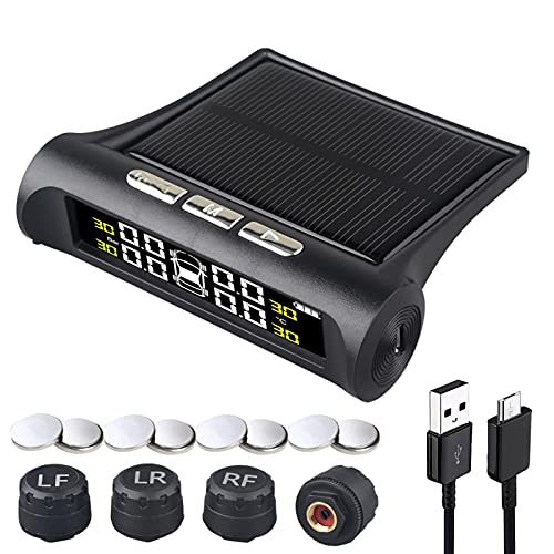 Tire Pressure Monitoring Systems TPMS 6 Alarm Modes Wireless Solar Power and USB Charge with 4 External Sensors Real Time Pressure and Temperature Alarm Auto Safety Monitor for Rv Trailer Car Truck