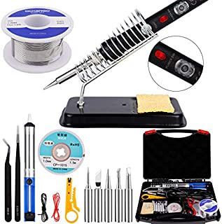 Soldering Iron Kit Electronics,60W Adjustable Temperature Welding Tool,with ON/Off Switch,5pcs Soldering Tips,Solder Wire,Desoldering Pump,Soldering Iron Stand,Tweezers[110V, US Plug]