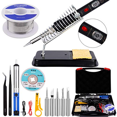 Soldering Iron Kit Electronics,60W Adjustable Temperature Welding Tool,with ON/Off Switch,5pcs Soldering Tips,Solder Wire,Desoldering Pump,Soldering Iron Stand,Tweezers[110V, US Plug]